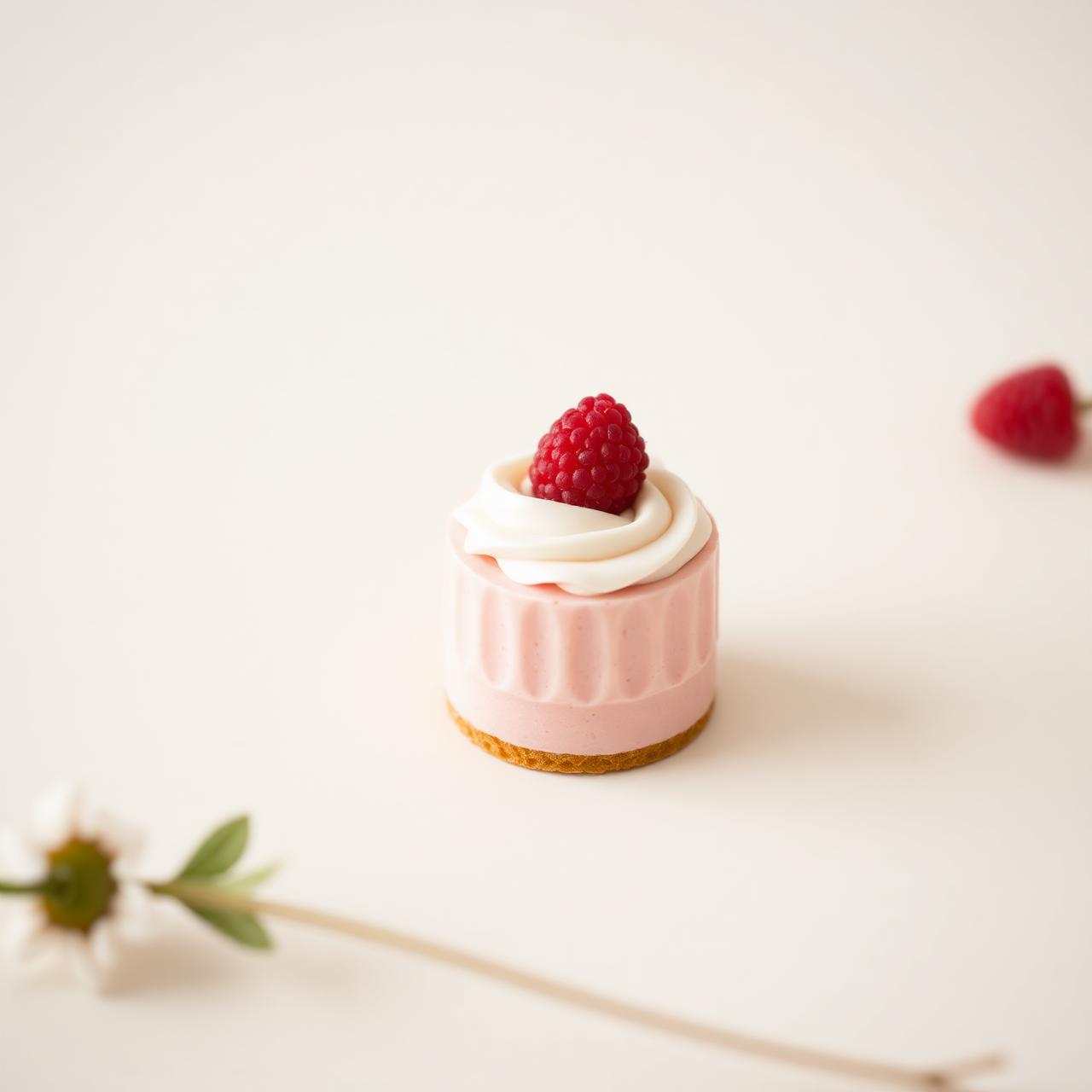 A pastel-pink mini cake topped with cream and a fresh raspberry